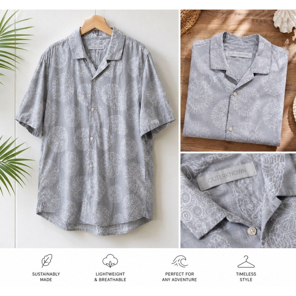 Outerknown XL Gray Sand Dollar Print Camp Shirt Organic Cotton Beach Aloha Surf